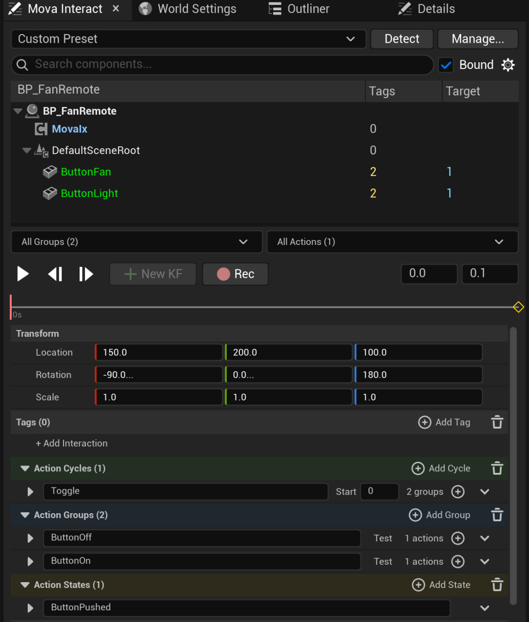 MovaInteract Control Panel: interaction tree, timeline, and action groups/states editing a fan remote