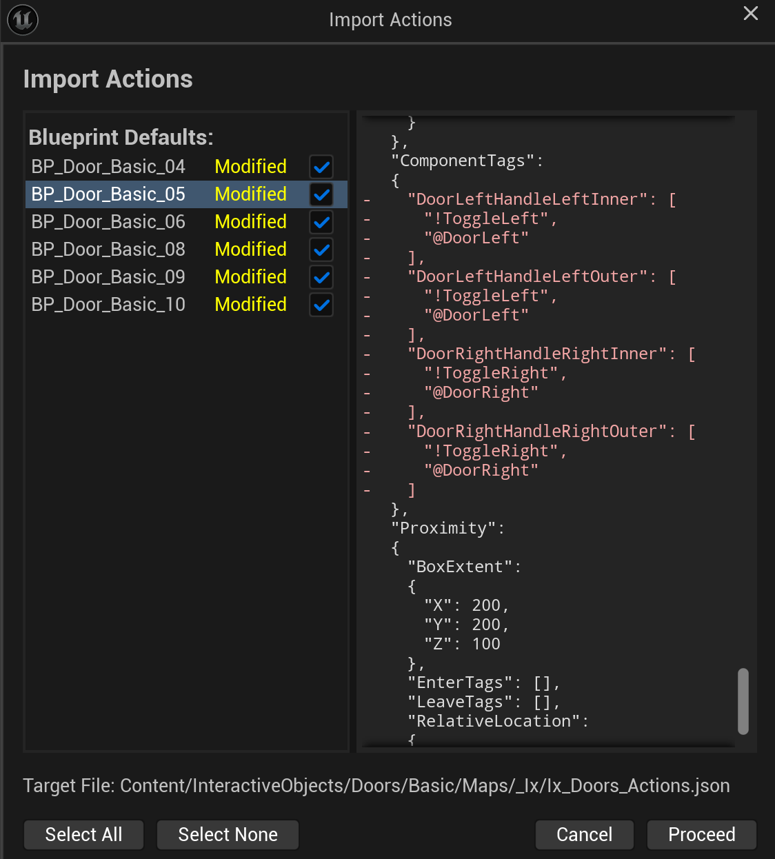 Import Actions dialog with a red/green diff showing what changed before applying it