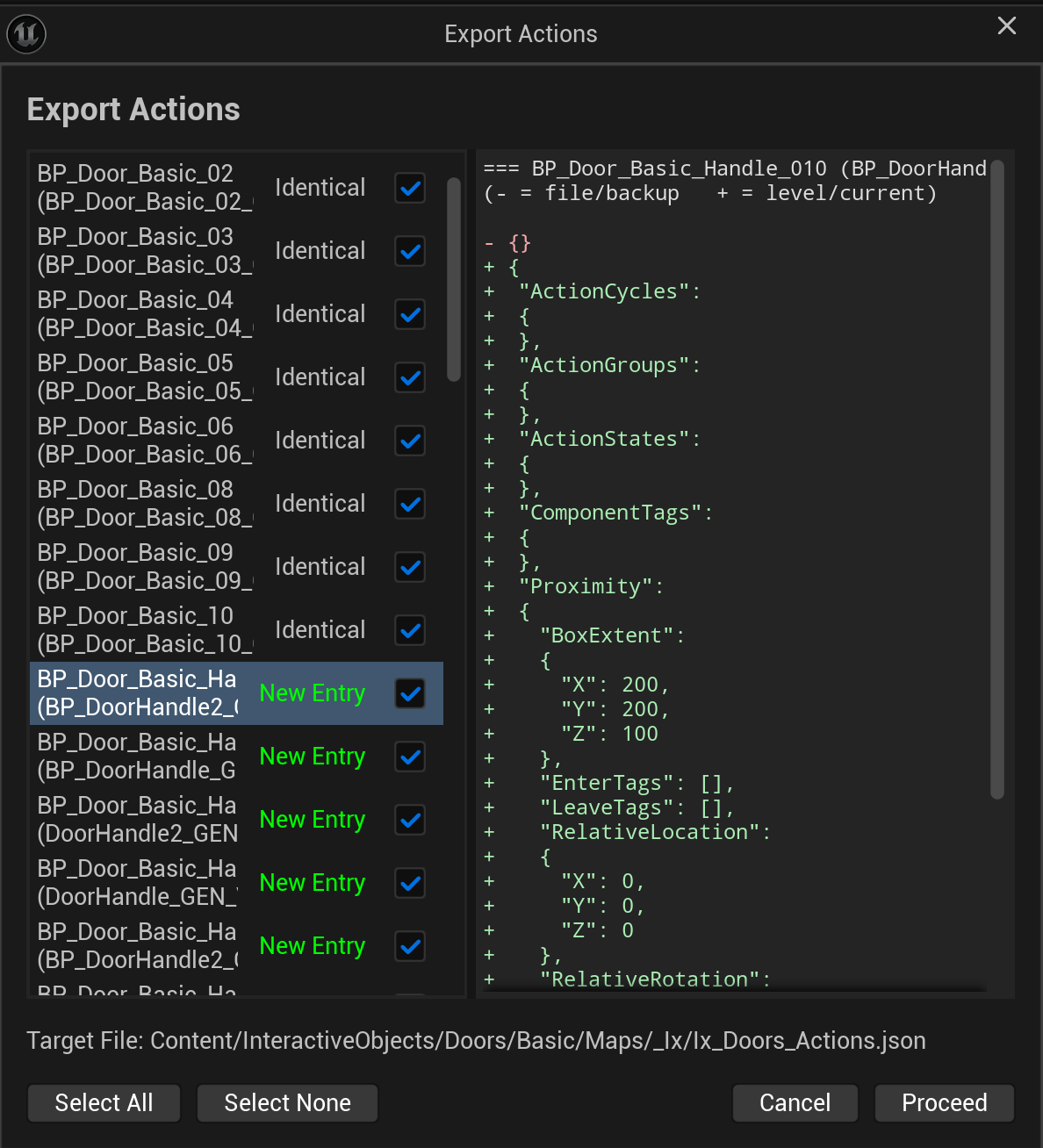 Export Actions dialog listing changed and new interactive objects before writing the level's JSON file